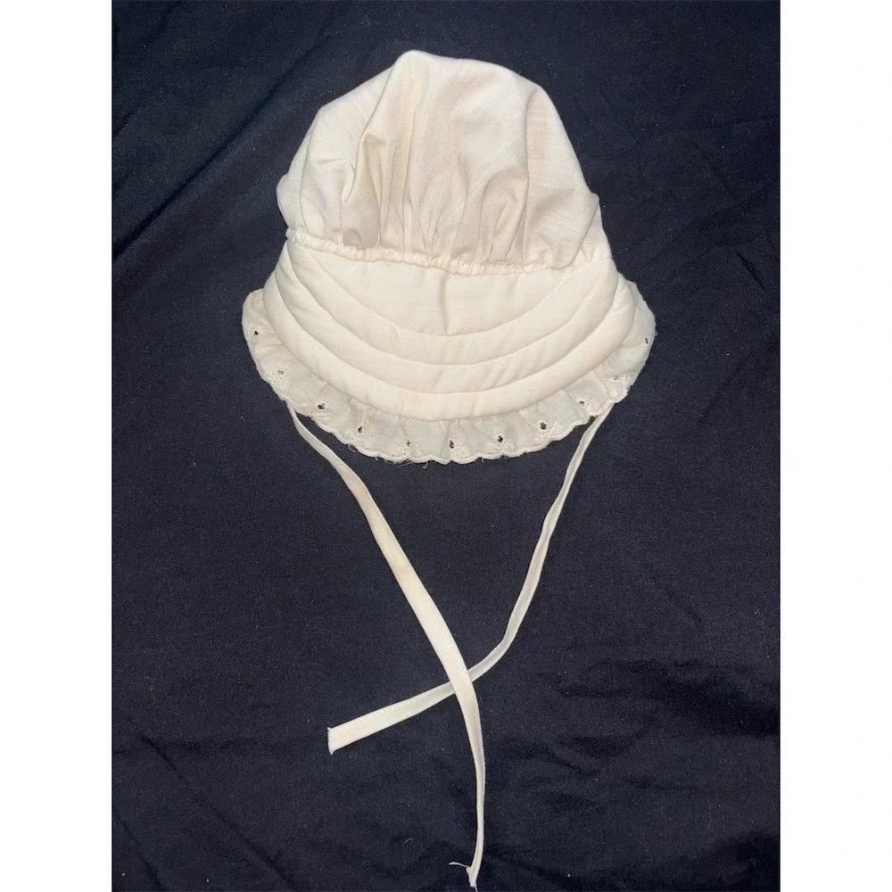 Snowie Soft Baby Bonnet Unisex White Eyelet Lace Ruffle Brim Chin Ties heirloom